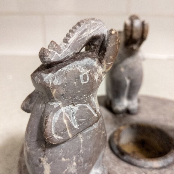 Carved Elephant Candle Holder Natural Stone Boho Large Heavy Base Taupe Brown - Picture 4 of 4